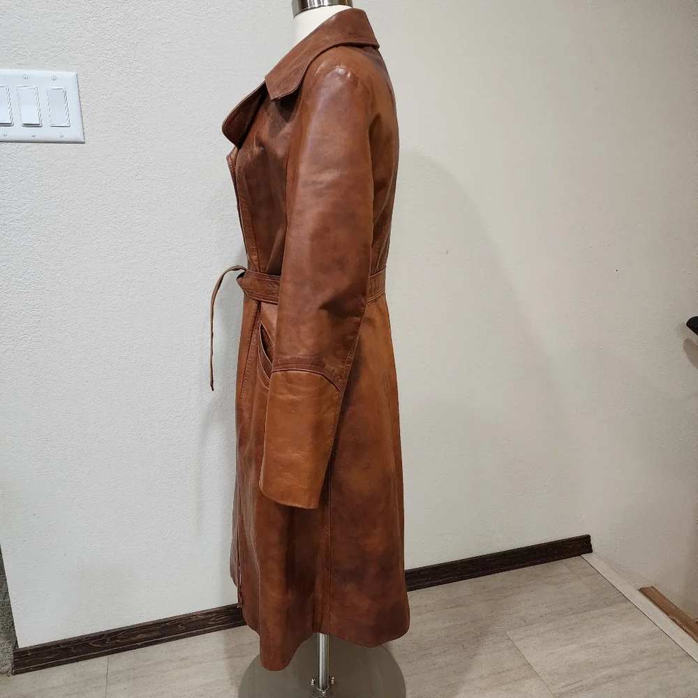 Vintage Leather Trench Coat Full Length 70s Genuine Cognac Leather size Medium - Picture 13 of 16